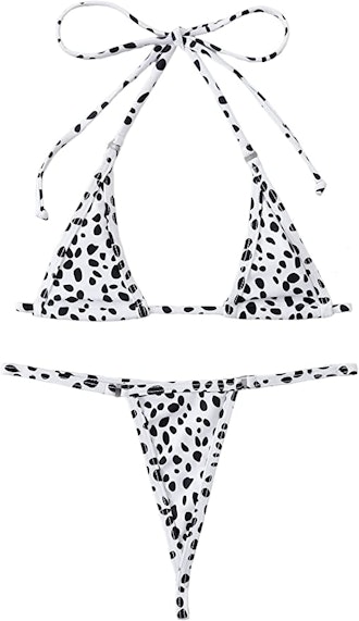 WDIRARA Women's Dalmatian All Over Print Halter Micro Triangle Thong Bikini Swimsuit