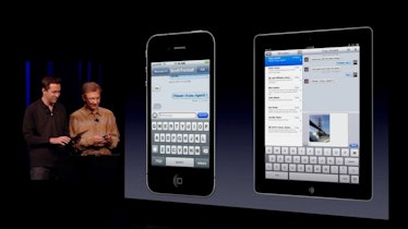 Former Apple SVP of iOS software, Scott Forstall, and Greg Joswiak demonstrating iMessages between a...