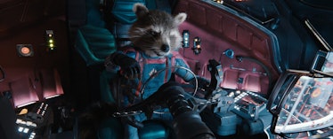 Rocket Raccoon pilots a ship in Guardians of the Galaxy Vol. 3