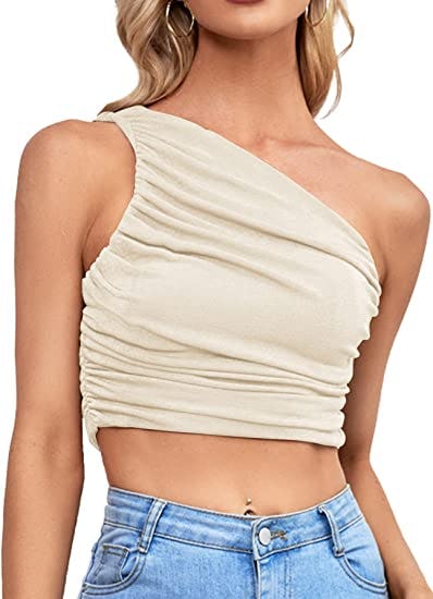 LYANER Ruched One Shoulder Sleeveless Crop Top