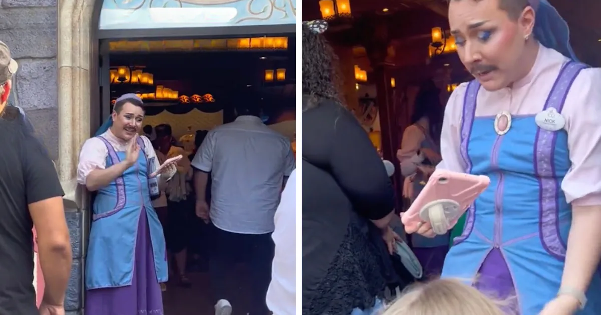 male disney employee dressed as fairy godmother A Disney employee dubbed Nick the fairy godmother has won praise online after a viral video showing them making a child's princess dreams come true, despite predictable backlash. In the