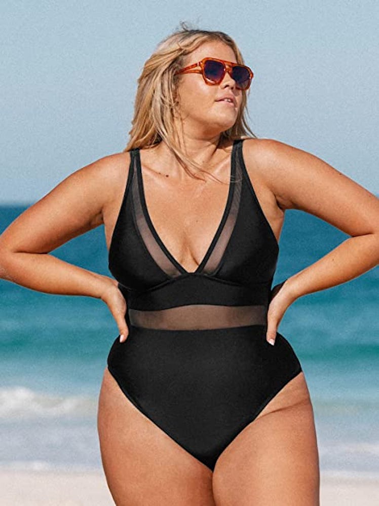 CUPSHE V Neck Mesh One Piece Bathing Suit