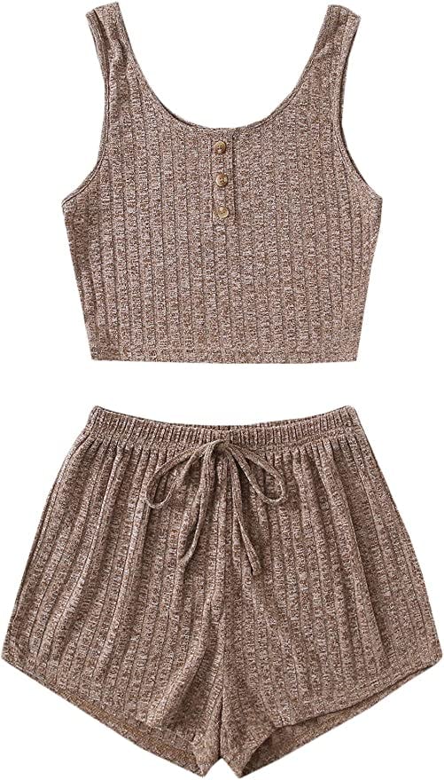 SOLY HUX Ribbed Knit Tank Top and Shorts Pajama Set