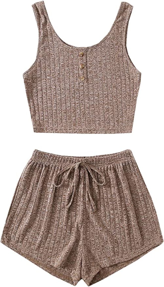 SOLY HUX Women's Button Front Ribbed Knit Tank Top and Shorts Pajama Set