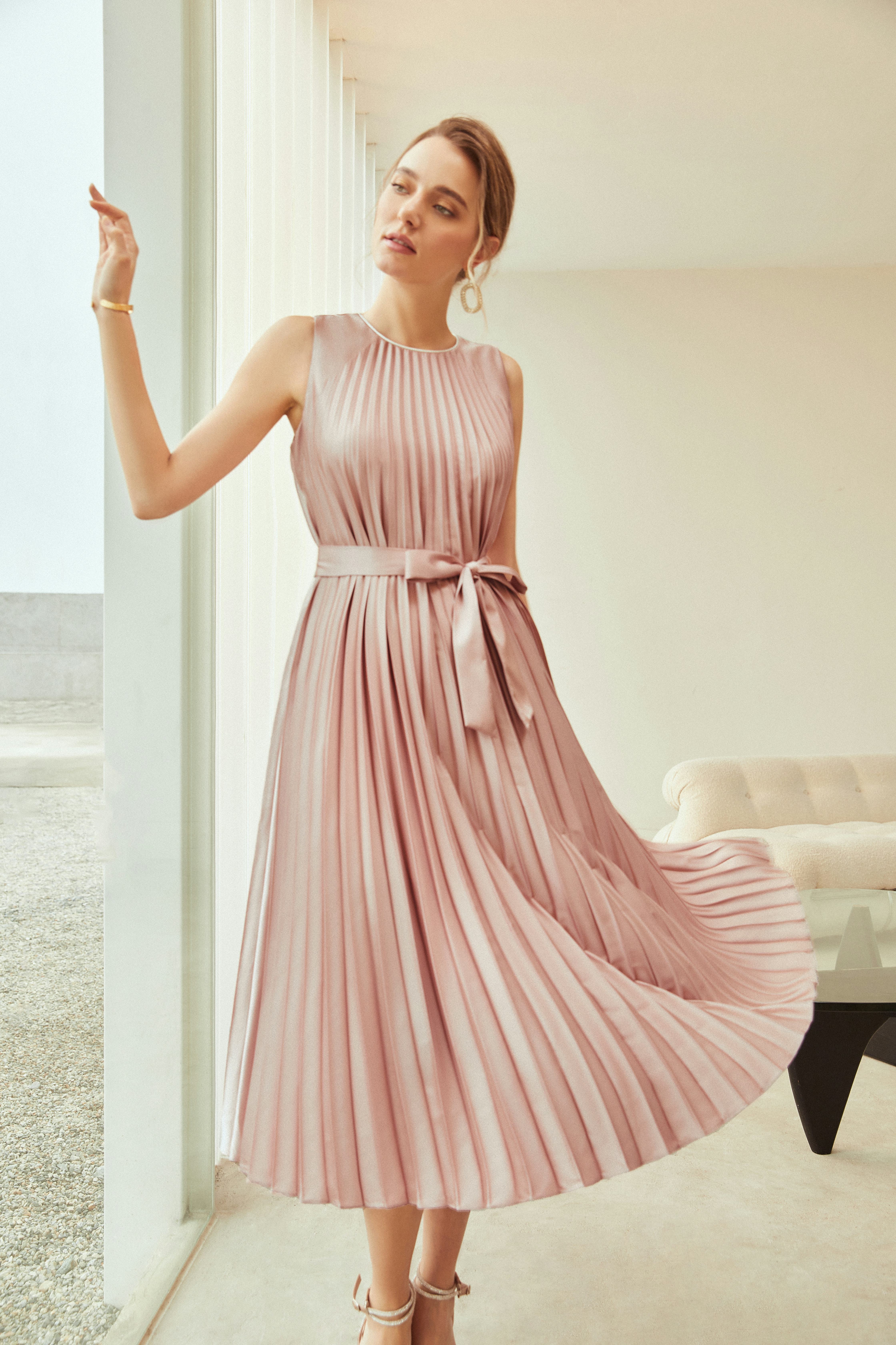 Pleated Belted Flowy Dress