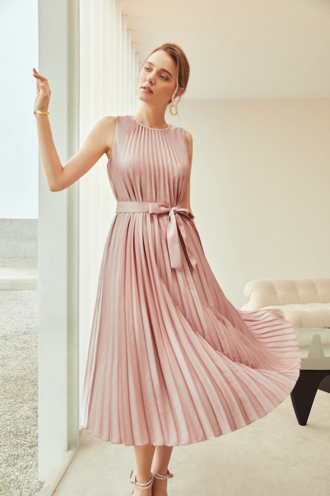 Pleated Belted Flowy Dress