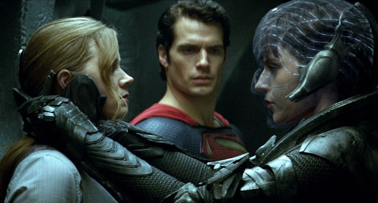 Amy Adams as Lois Lane, Henry Cavill as Clark Kent/Superman, and Antje Traue as Faora-Ul in Man of S...