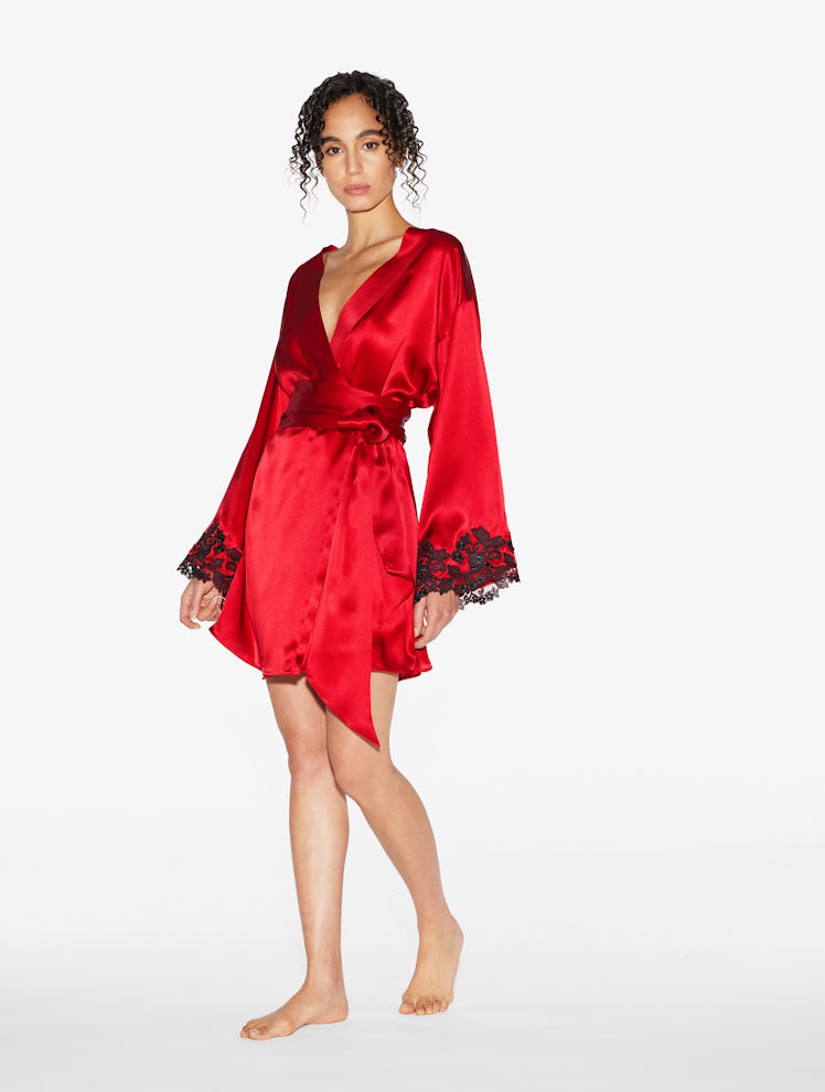 Red Silk Short Robe With Frastaglio