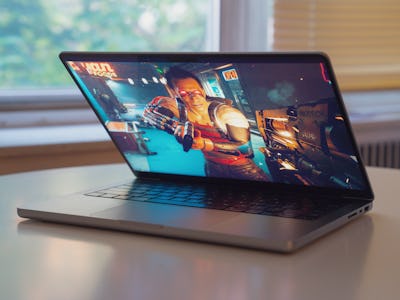 Cyberpunk 2077 running on 14-inch MacBook Pro using macOS Sonoma's Game Porting Toolkit