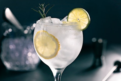 A gin and tonic with lime and a rosemary sprig