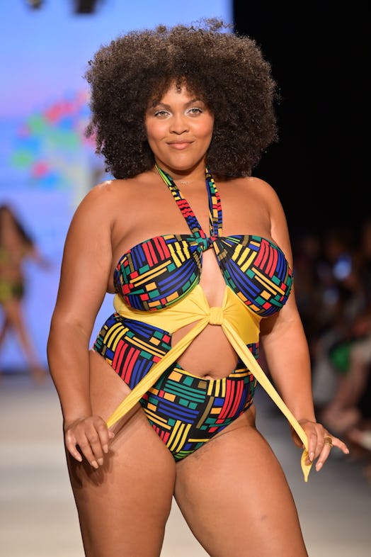 plus-size model walks the runway for culture tree during Paraiso Miami Swim Week 2023 in a bikini
