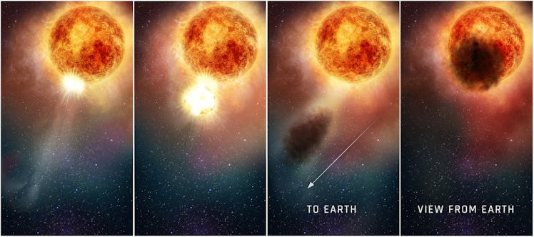 four panels of the same star as a ball of gas spreads outward. the last panel is the view from earth...