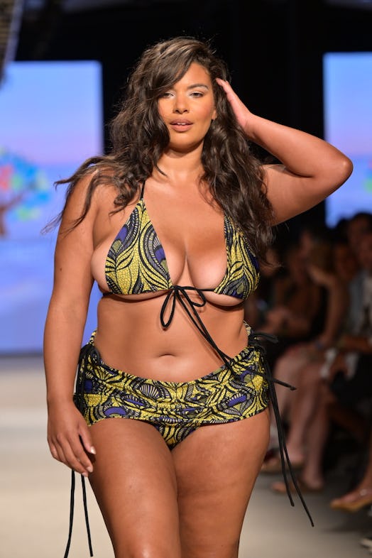 plus-size model walks the runway for culture tree during Paraiso Miami Swim Week 2023 in a bikini