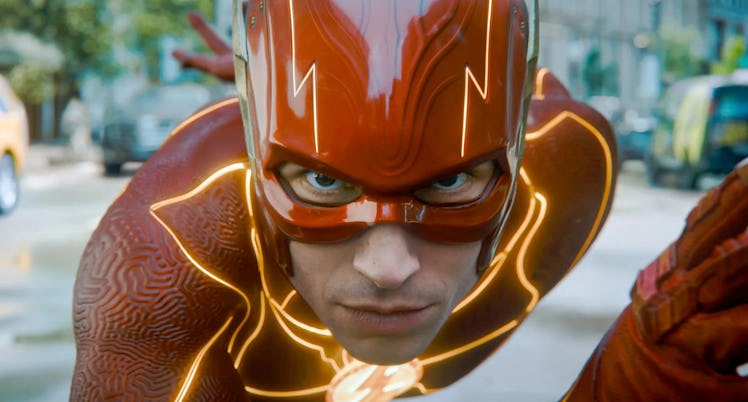 Barry Allen (Ezra Miller) poses in his superhero suit in The Flash