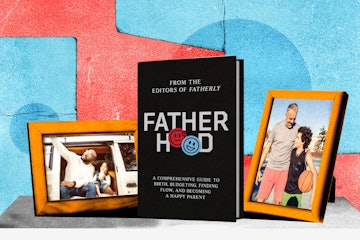 A book on fatherhood placed between two photos of dads with their children