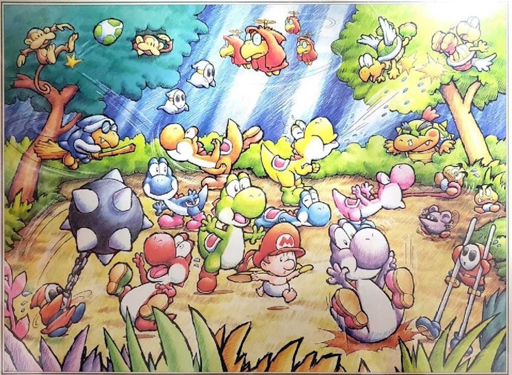 Official art from Yoshi's Island showing Baby Mario surrounded by several friendly Yoshis.