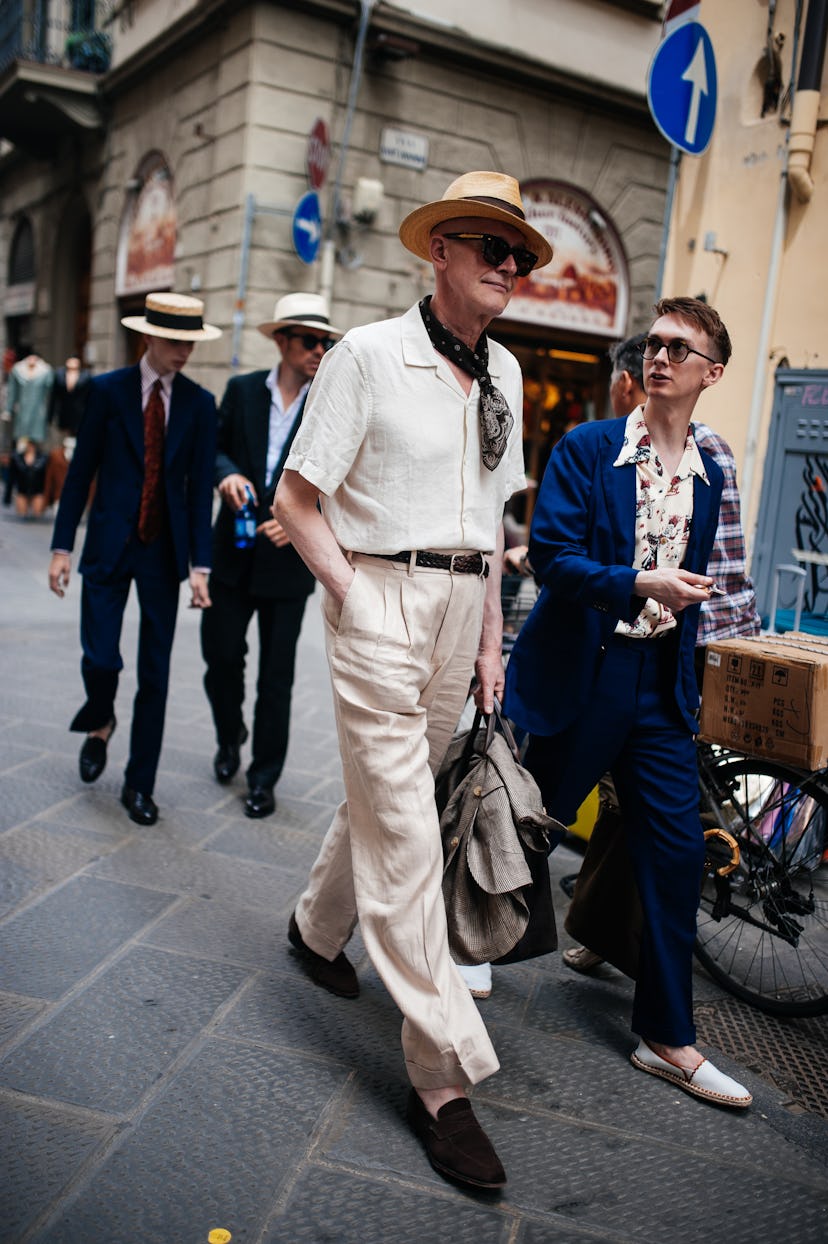Street style at Pitti Uomo 104 on June 14, 2023 in Florence, Italy.