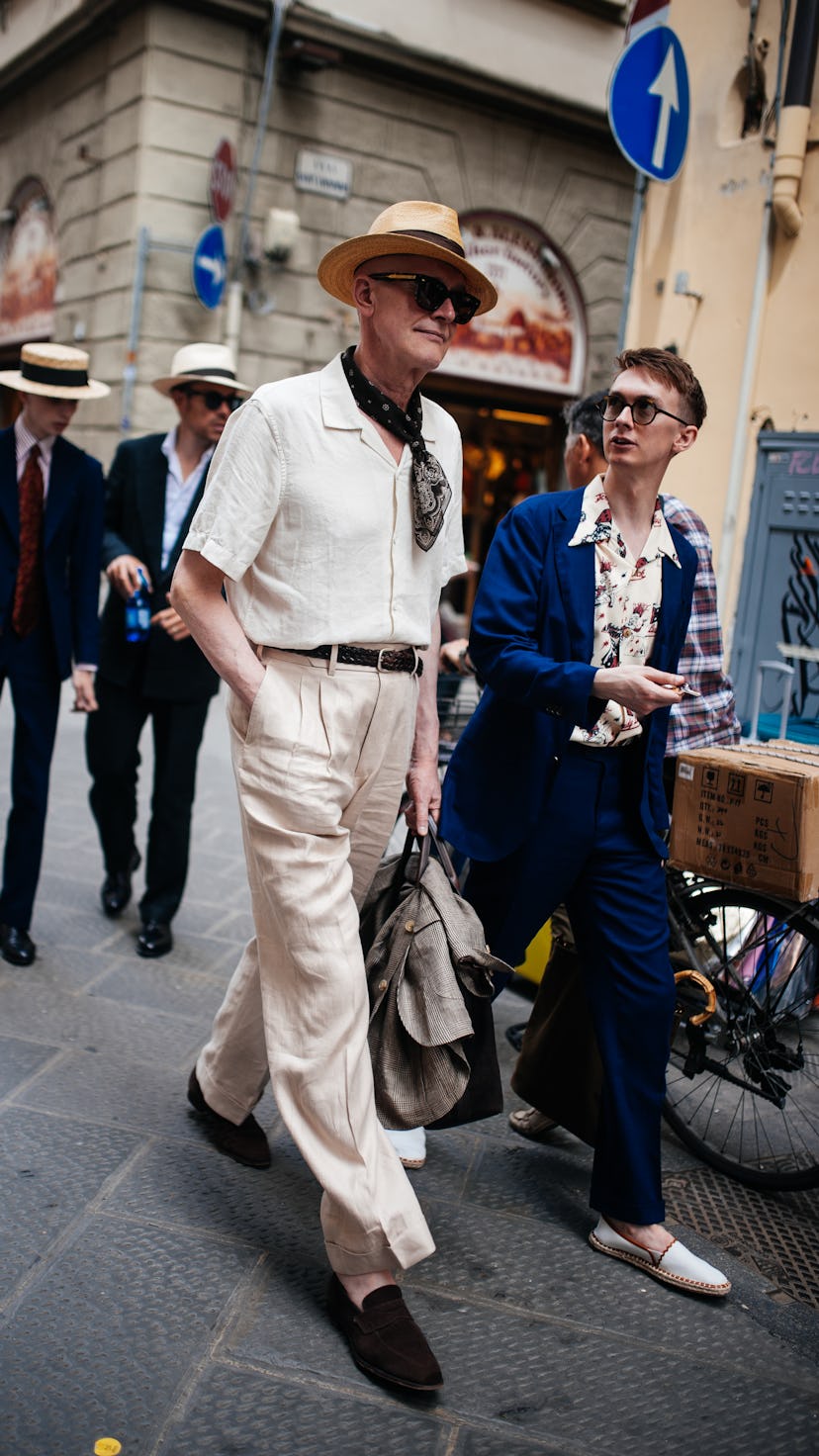 Street style at Pitti Uomo 104 on June 14, 2023 in Florence, Italy.