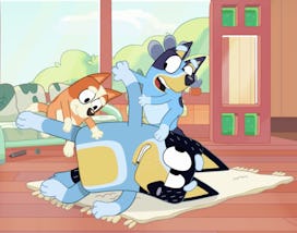 Bandit wrestling with Bingo and Bluey.