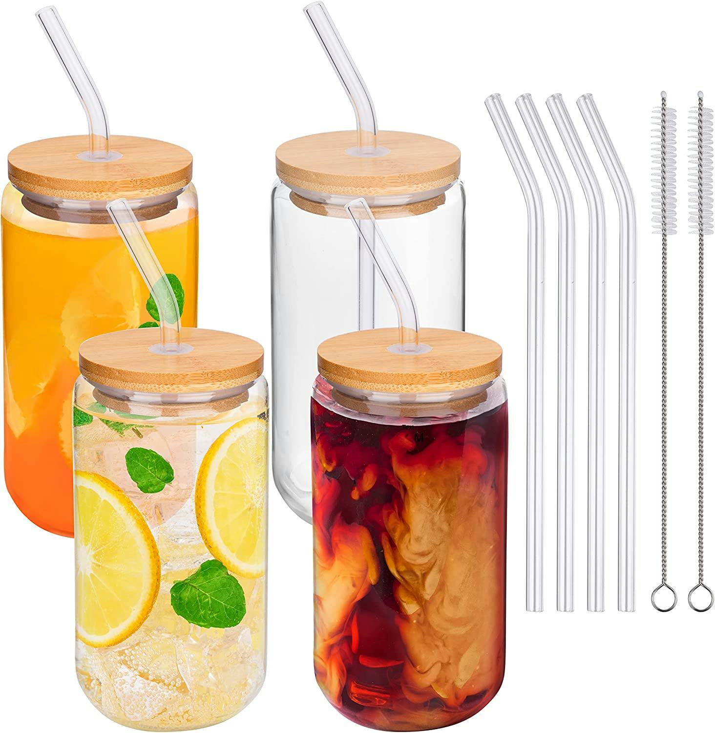Marksle Home Glass Cups With Lids And Straws (4-Pack)