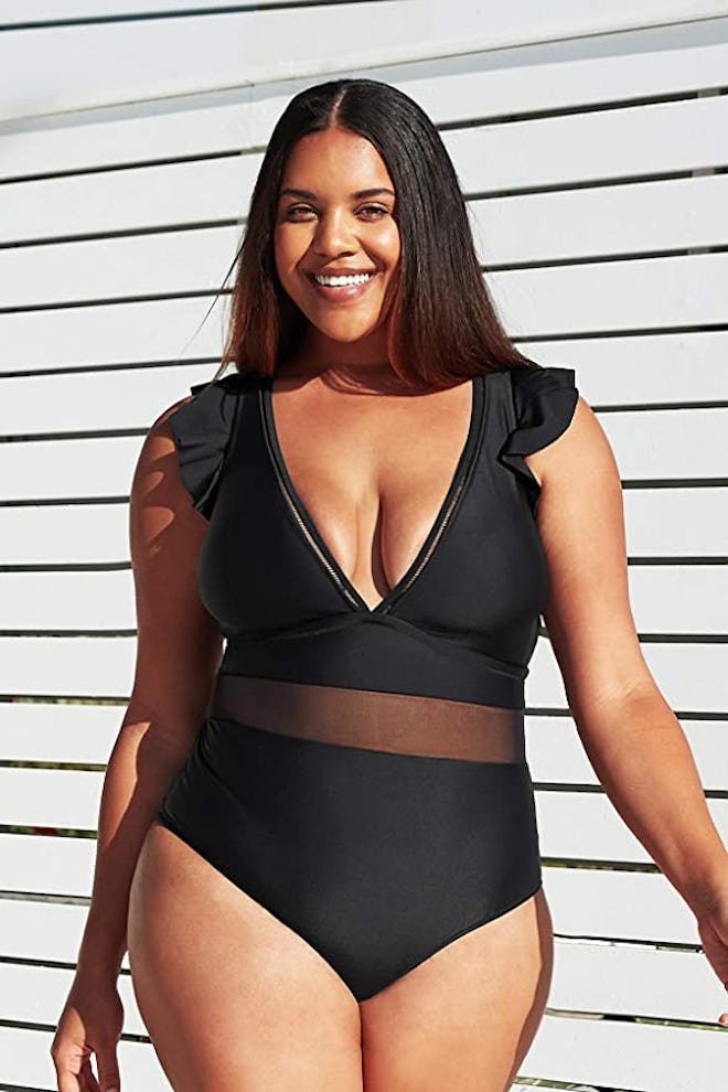 CUPSHE V-Neck Ruffle Mesh One-Piece Swimsuit
