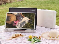 The LG StandbyME Go unfolded at a picnic.