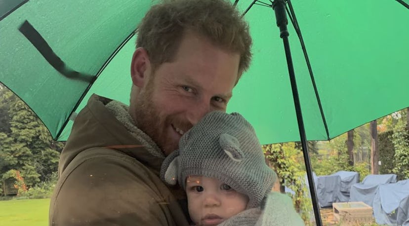 Prince Harry cuddles Archie under an umbrella.