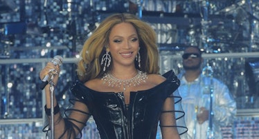 Beyoncé wears a custom Andreas Kronthaler For Vivienne Westwood Look in London.