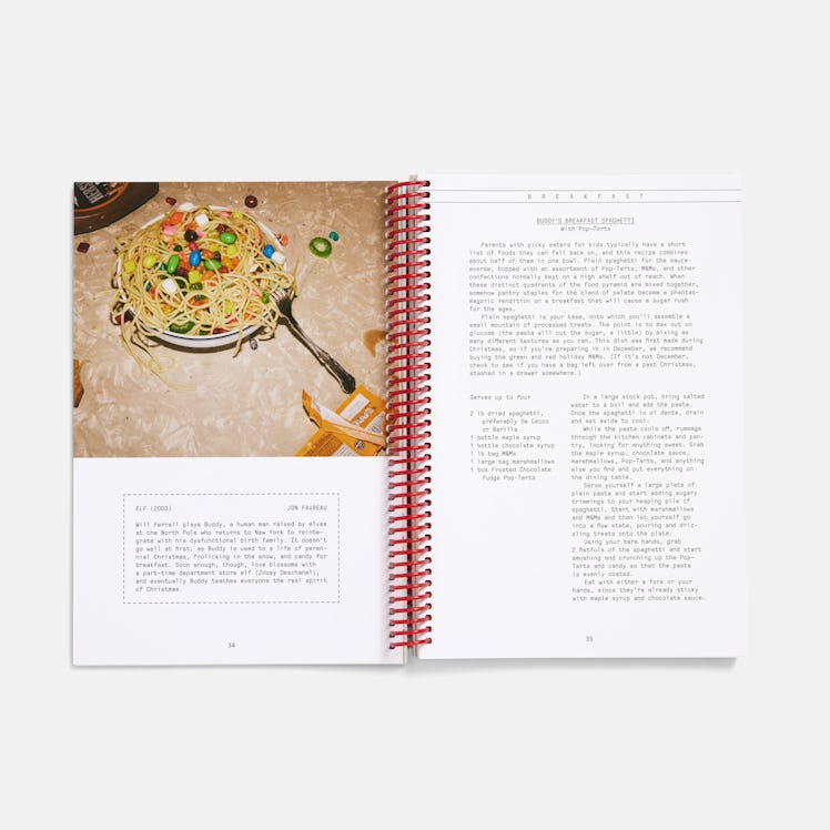 A cookbook opened to a page featuring a recipe for "breakfast spaghetti"