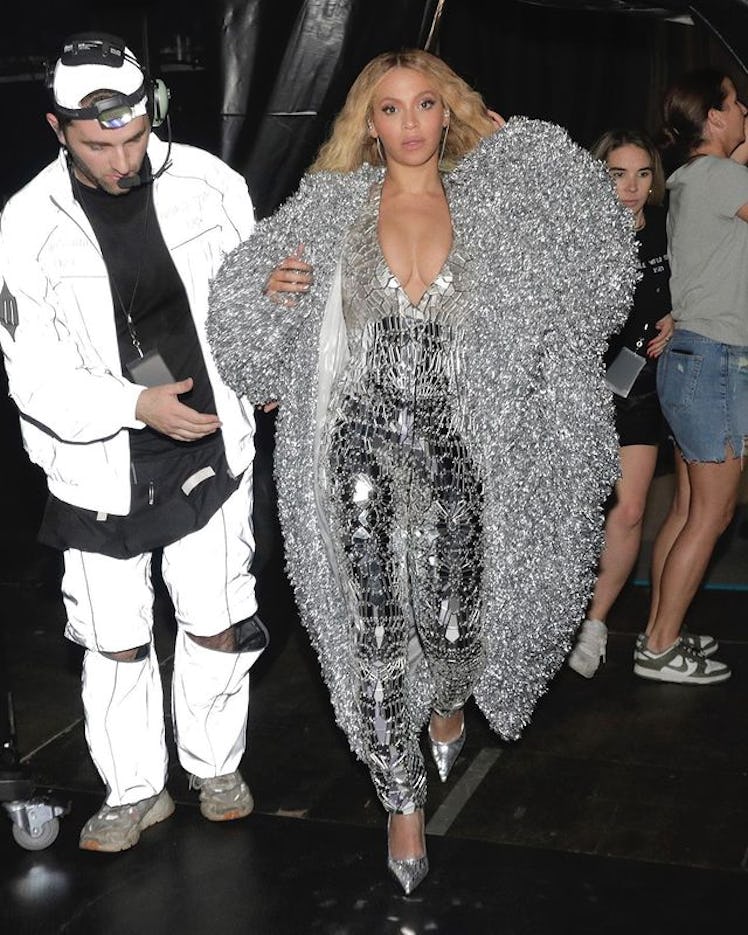 Beyoncé wears a custom shattered glass LaQuan Smith bodysuit in Amsterdam, Netherlands.