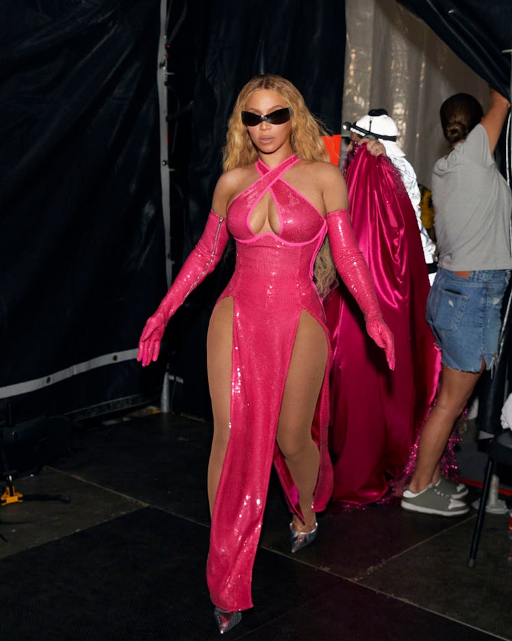 Beyoncé wears a custom Ivy Park x Adidas pink dress for her tour stop in Amsterdam while on her Rena...