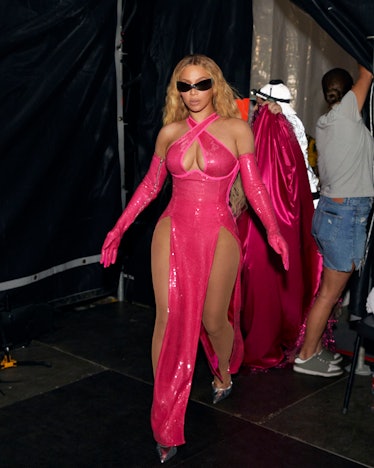 Beyoncé wears a custom Ivy Park x Adidas pink dress for her tour stop in Amsterdam while on her Rena...