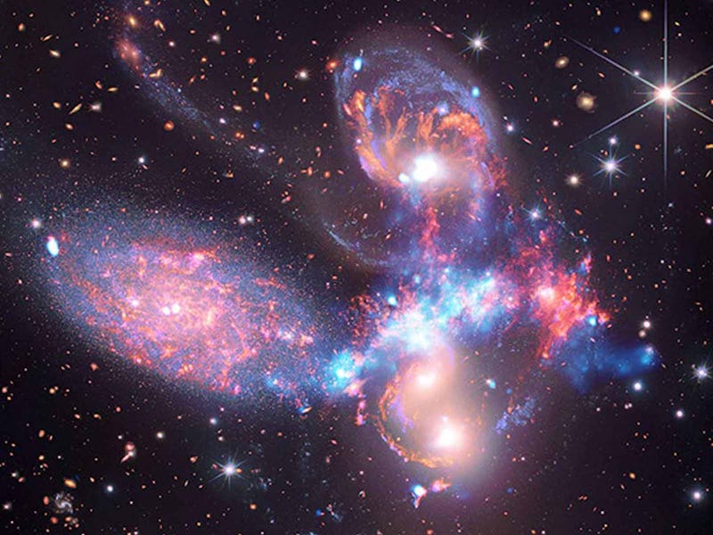 Stephan's Quintet. In this object, five galaxies appear very crowded to one another. In between the ...