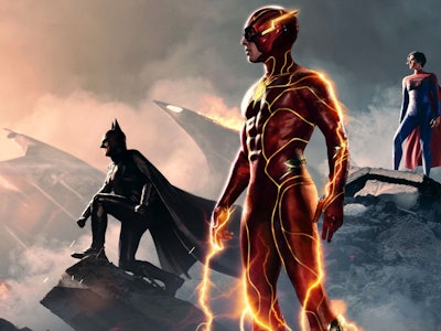Batman, The Flash, and Supergirl stand together on a promotional poster for The Flash