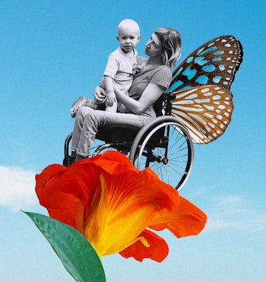 Rebekah Taussig with her son Otto on her lap in her wheelchair
