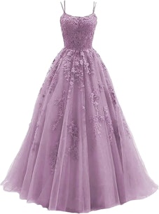 Purple Tulle Spaghetti Strap Prom Dress Long Lace Appliques Ball Gowns