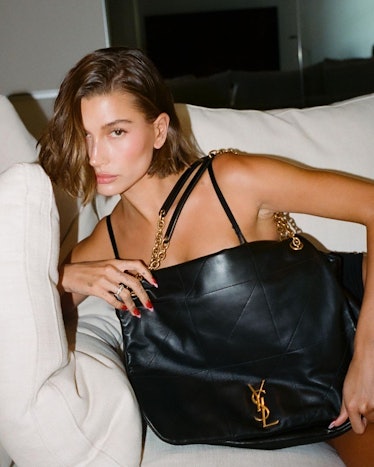 Hailey Bieber Wears an Oversized Tuxedo Jacket With Nothing Underneath