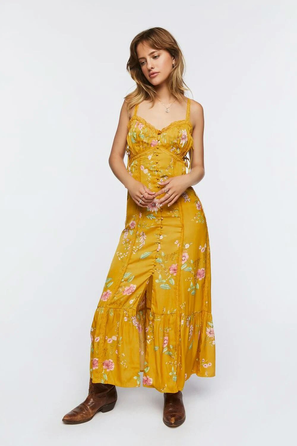 Peak Party Vibe Mustard Yellow Satin Tiered Tie-Back Midi Dress