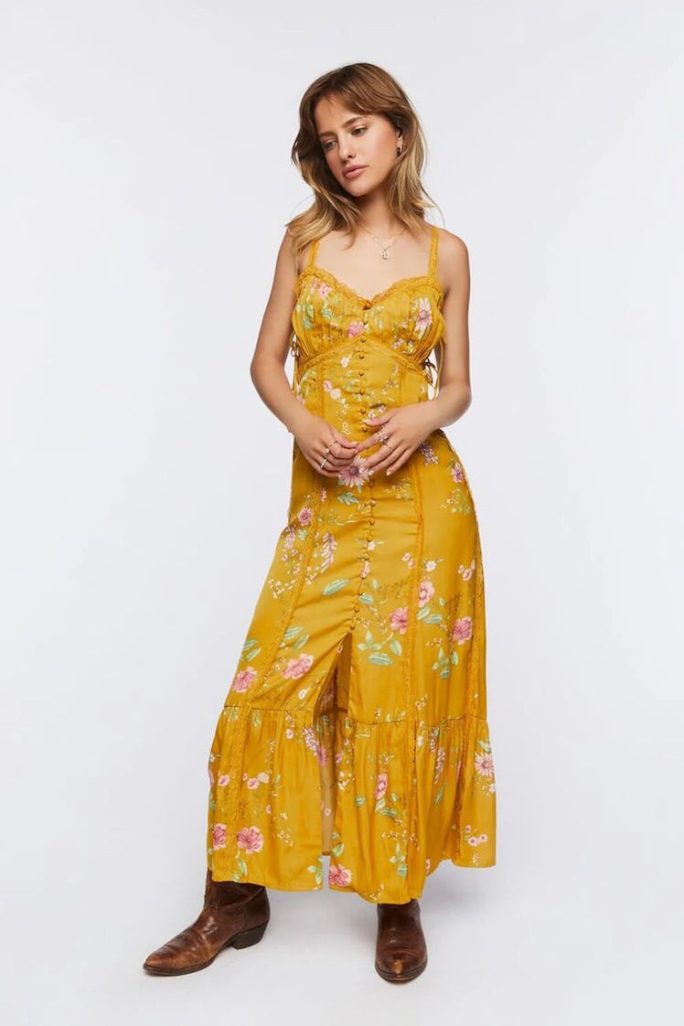 Mustard Satin Lace-Trim Midi Dress