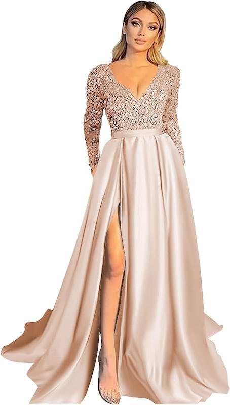 Champagne Miao Duo Women's Sparkly Sequin Prom Ball Gown With Pockets