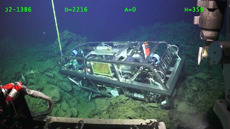 ROV Argus seen resting on the seafloor below ROV Hercules, within a site of rocks. In this image, Wo...