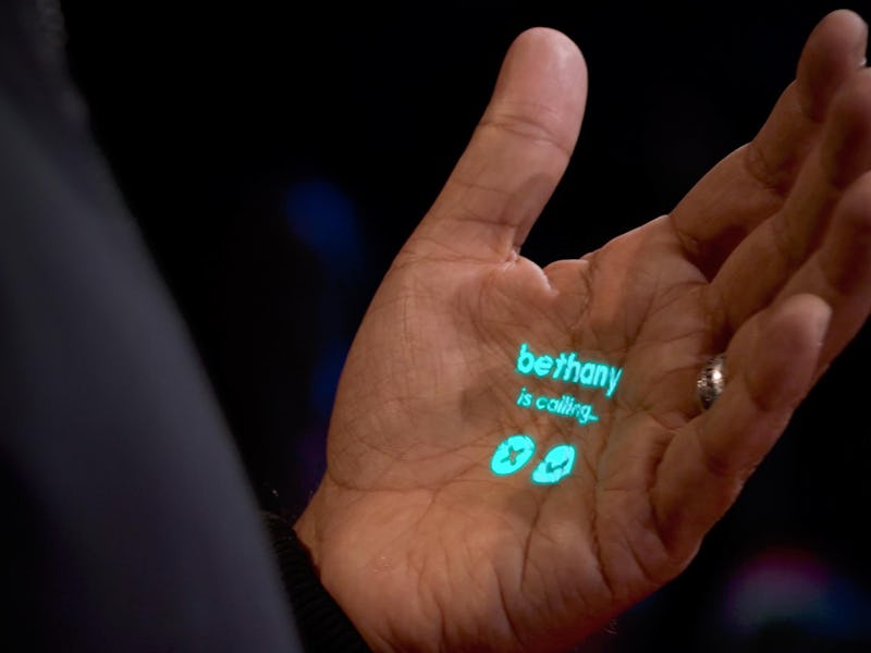 Humane Wearable AI Projector showing projection on Co-founder Imran Chaudhri's hand at TED 2023