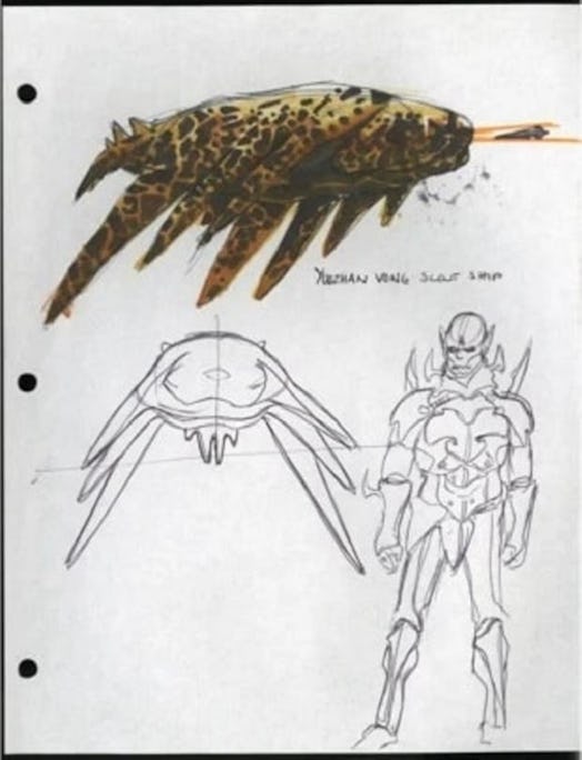 Dave Filoni’s sketches for a possible Yuuzhan Vong in Star Wars: The Clone Wars, shown at Star Wars ...