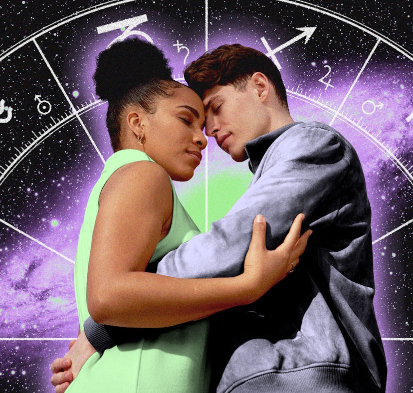 a couple in love in front of an astrological chart