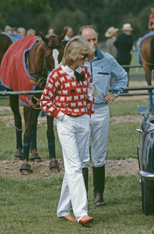 Diana, Princess of Wales at a polo match at Smith's Lawn. Diana is wearing a Muir and Osborne 'black...