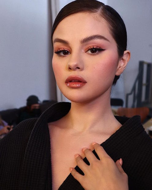 Selena Gomez short updo with strong brows