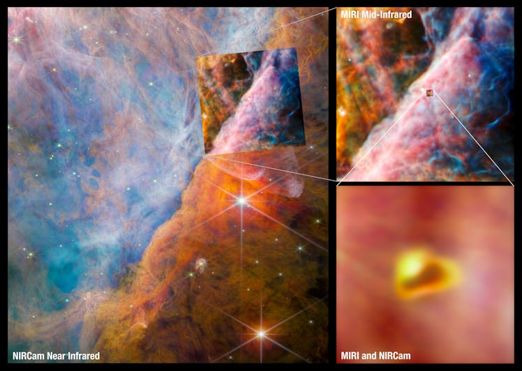An image made of three panels. The largest on the left shows the NIRCam image of a nebula with two b...