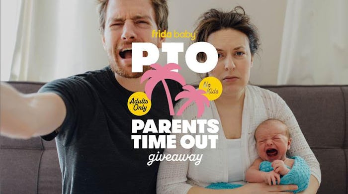 Two parents with crying baby in a story about the Frida Baby PTO giveaway.