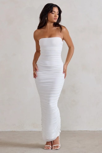 My Lady White Strapless Bodycon Ruched Mesh Maxi Dress
