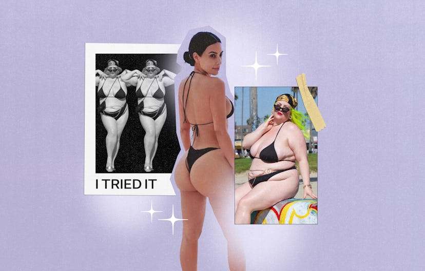 plus-size fashion blogger and influencer margie plus wears a black thong bikini from kim kardashian'...